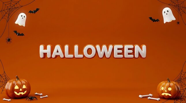 Festive halloween backdrop with pumpkins ghosts and illuminated lettering on orange