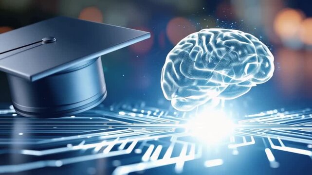Graduation cap and luminous brain illustration symbolizing advanced education and technological innovation. ..Created with Generative AI, not depicting real subjects.