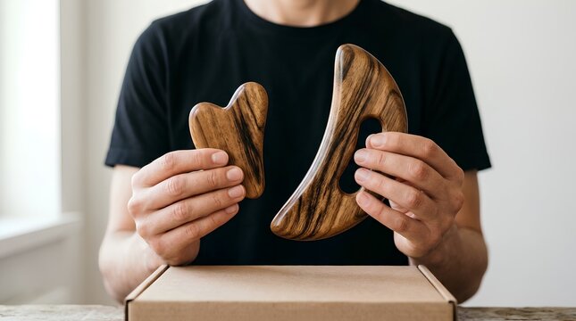 Man unboxing wooden gua sha massage tools over cardboard box natural wood therapy wellness