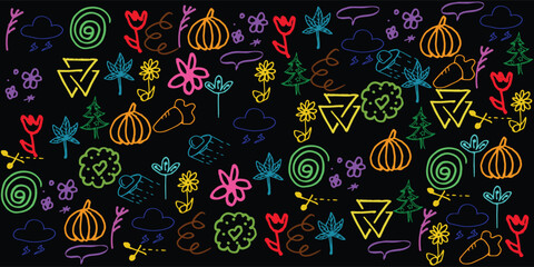 Naklejka premium Hand drawn abstract doodle elements with colorful spiral, cloud, breeze, splash and playful organic shapes for creative design
