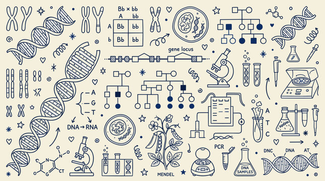 Genetics and DNA Biology Doodle Pattern, Laboratory Science Research and Heredity Study Line Art Icons