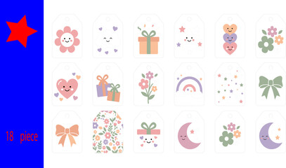 Fototapeta premium Cute Kawaii Gift Tags Set with Smiling Flower Moon and Hearts 18 Piece