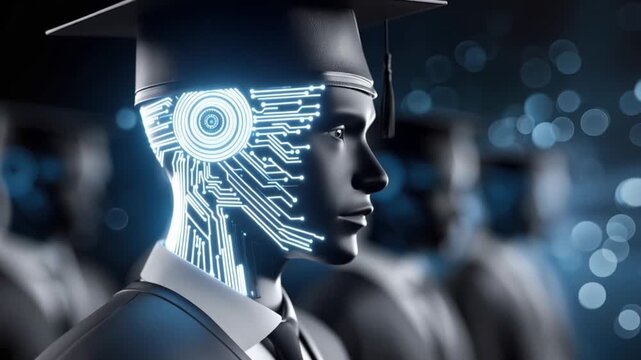 A futuristic concept art depicts an advanced AI entity wearing a graduation cap, its head adorned with glowing circuit patterns. ..Created with Generative AI, not depicting real subjects.