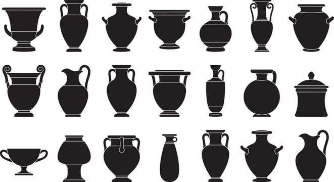 Set of black silhouettes of ancient Greek pottery vases and amphorae isolated on a white background