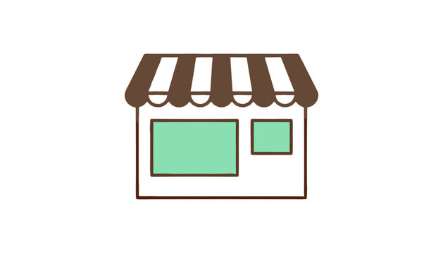 Small local business storefront building icon with striped awning and glass windows flat vector illustration isolated on white background.