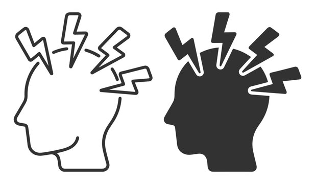 brain headache pain icons in outline and solid style vector illustration on transparent background