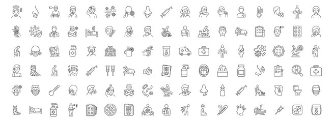 Fototapeta premium medical and healthcare vector line icons set of illness symptoms treatment diagnosis health care and disease prevention on transparent background