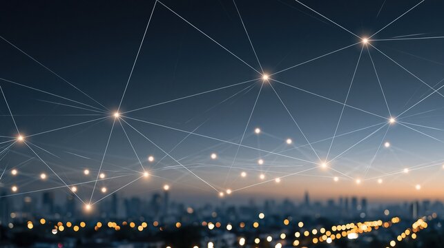 Abstract Network Connections Overlaying a Blurred Cityscape at Dusk with Glowing Lights