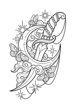 Crescent Moon with Dagger Moths Clouds Pearls and Stars Coloring Page