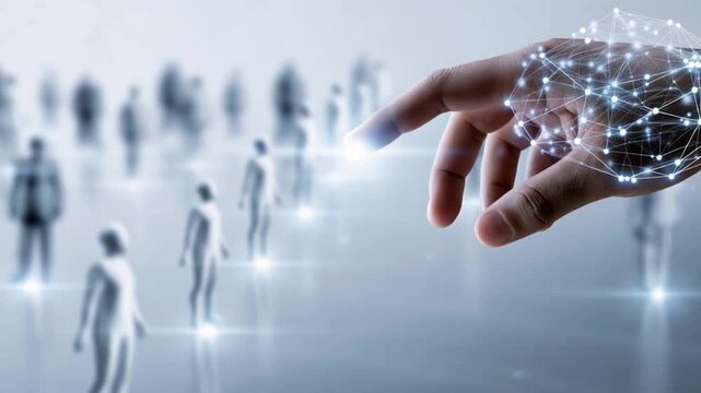 A futuristic robotic hand, adorned with a glowing network of connections, reaches out to touch a holographic figure. ..Created with Generative AI, not depicting real subjects.