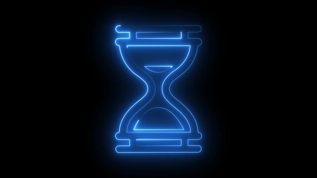 Glowing blue neon hourglass icon sand timer watch deadline symbol dark background.