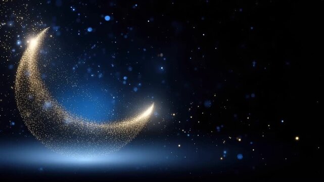 Crescent moon shimmering with golden dust against a dark, star-filled night sky, evoking a sense of cosmic wonder and ethereal beauty. ..Created with Generative AI, not depicting real subjects.