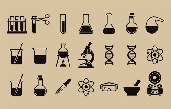 Scientific research elements and laboratory analysis vector pack including Erlenmeyer flask mortar pestle boiling flask and stirrer rod suitable for school poster design
