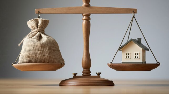 Balancing the Scales: A Bag of Money and a Miniature House on a Wooden Scale