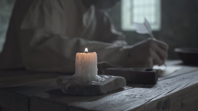 Medieval prisoner writing with a quill and extinguishing a candle by hand in a dark dungeon