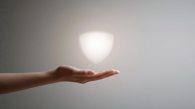 Human hand holding a glowing white shield icon representing protection and security in a minimalist setting