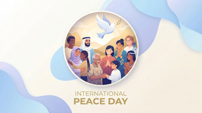 International Peace Day banner with diverse people, global unity concept with white dove, multicultural community celebrating world peace