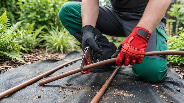 Gardener cutting drip irrigation pipe with tube cutter tool installing garden watering system