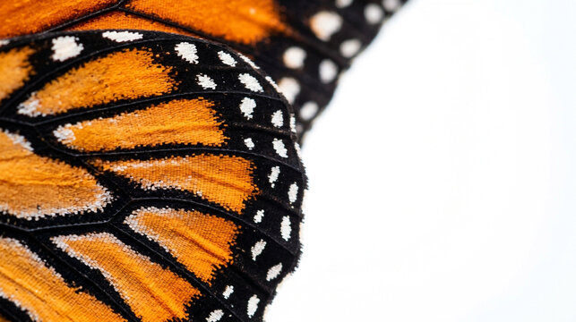 Macro shot of monarch butterfly wing isolated on white background.