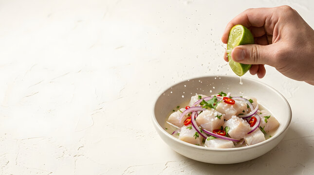 Hand Squeezing Fresh Lime Juice Over Peruvian White Fish Ceviche In Ceramic Bowl