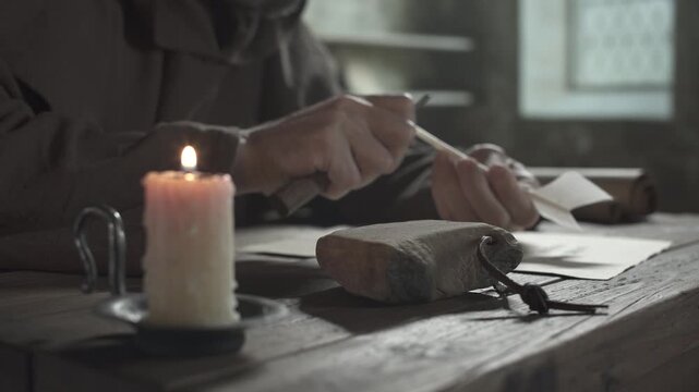 Medieval monk sharpening a quill, wetting a whetstone and sharpening a penknife in a monastic scriptorium