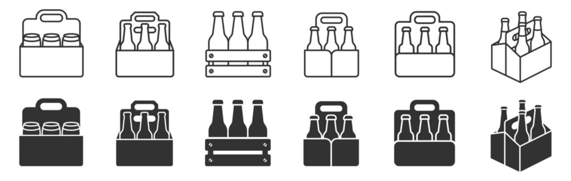 six pack beer bottles carrier icon set in line and solid style on transparent background