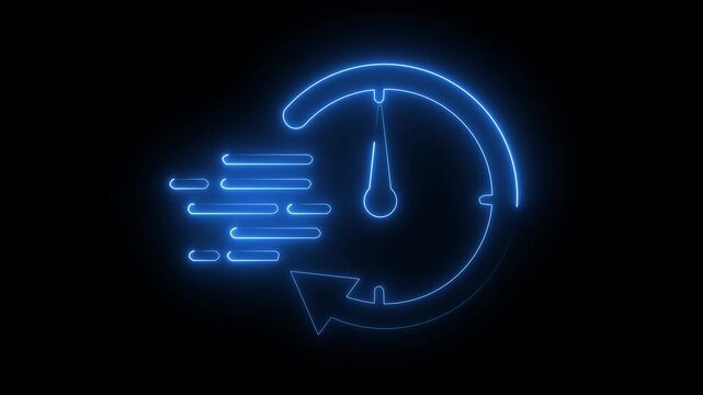 Glowing blue neon speedometer fast delivery icon quick service symbol dark background.