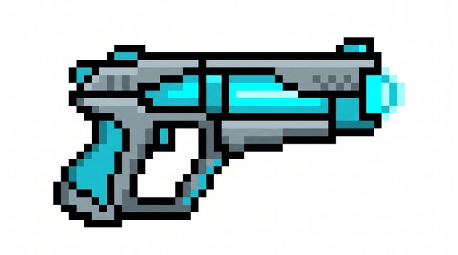 8-bit pixel art of a grey and cyan laser pistol sci-fi game asset isolated on white.