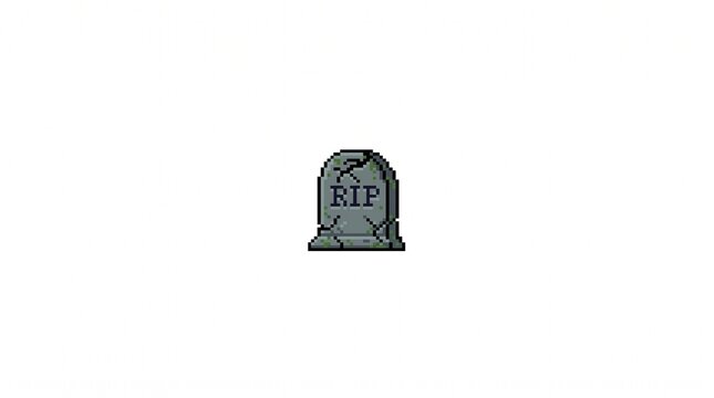8-bit pixel art of a grey stone tombstone with RIP engraving horror game asset isolated on white.