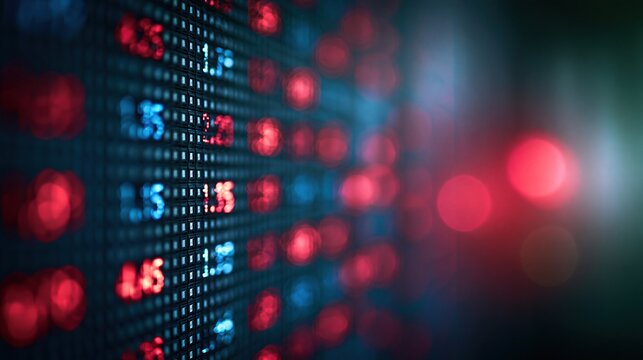 Close up of a stock market ticker displaying financial data with red and blue numbers.