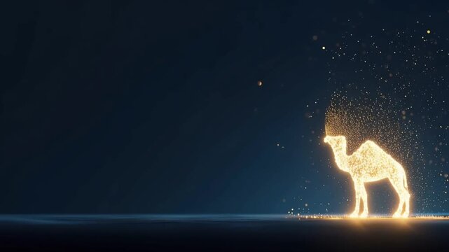 A luminous camel silhouette, constructed from glowing golden particles, stands against a dark, star-studded night sky. ..Created with Generative AI, not depicting real subjects.