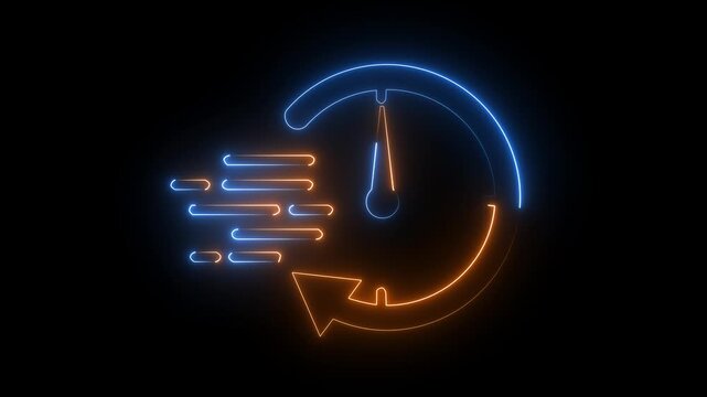Glowing orange blue neon speedometer fast delivery icon speed symbol dark background.