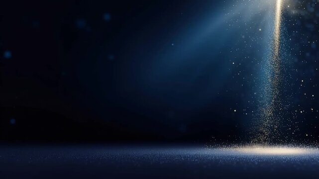 Abstract golden dust particles float in dramatic blue spotlight rays, creating an ethereal, magical. ..Created with Generative AI, not depicting real subjects.