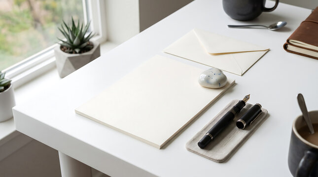 Bright modern office desk workspace with blank paper notebook pen and coffee mug