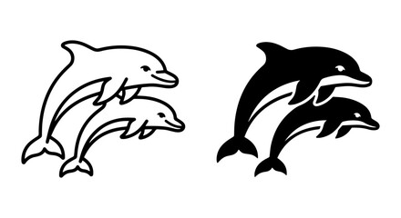 Fototapeta premium Dolphin Pair Vector Icons, Marine Mammal Silhouettes, Ocean Wildlife Graphics, Simple Aquatic Animal Art