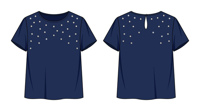 Navy Blue Short Sleeve Blouse with White Star Pattern Print Design Technical Flat Sketch Front and Back View for Women Fashion Apparel Clothing