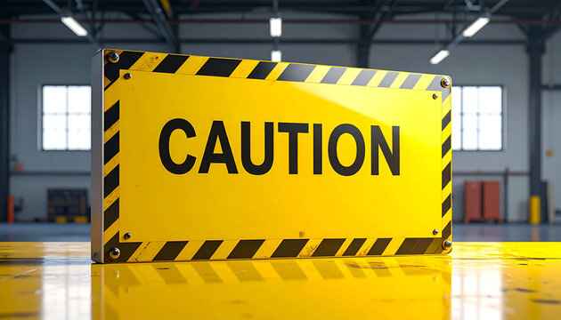 Yellow and black caution sign with the word 'CAUTION' in bold black letters, symbolizing safety warning