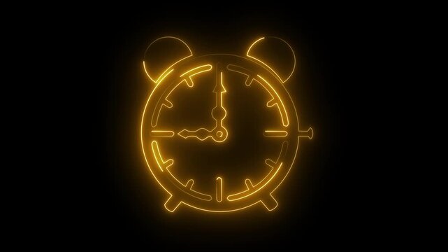 Glowing yellow neon alarm clock icon timer watch deadline symbol dark background.
