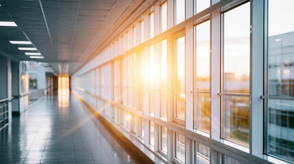 Fototapeta premium Modern office building corridor with large windows and bright sunlight streaming in