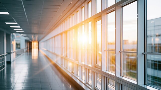 Modern office building corridor with large windows and bright sunlight streaming in