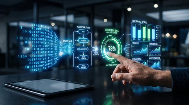 Hand interacting with a futuristic interface showing binary data, algorithm flow, and performance metrics, symbolizing digital technology and data analysis
