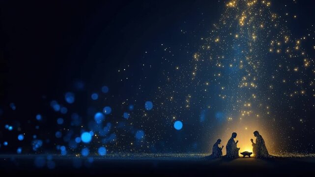 A silhouette of the Nativity scene, depicting the Holy Family bathed in celestial light, with a starry sky above. ..Created with Generative AI, not depicting real subjects.