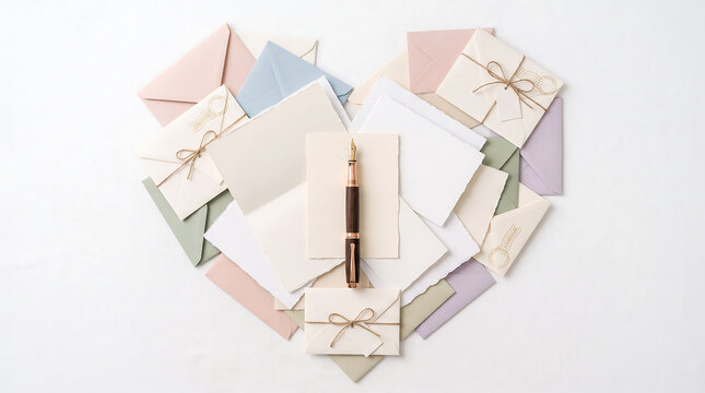 Heart shaped arrangement of colorful letters envelopes and postcards