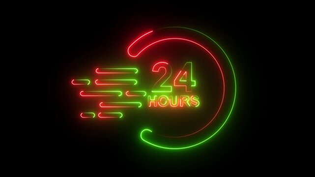 Glowing red green neon 24 hours fast delivery service icon speed symbol dark background.