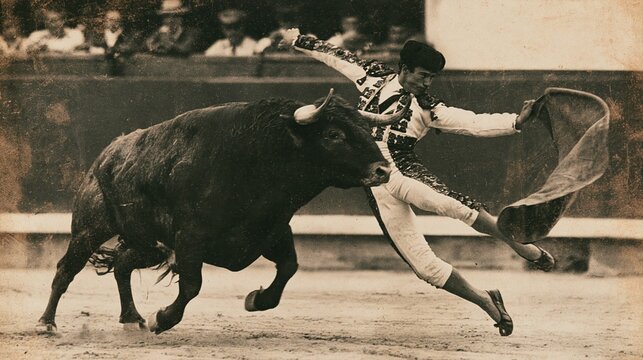 Bullfighter and bull in arena