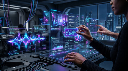 Fototapeta premium Futuristic interface displaying AI data streams and urban concept art, showcasing advanced technology and creative visualization.