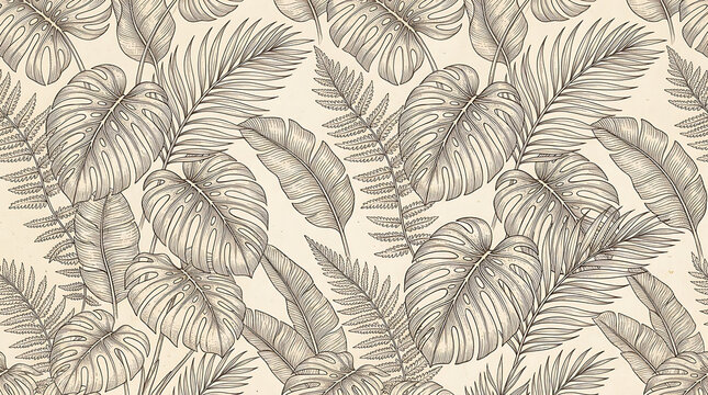 Vintage botanical illustration seamless pattern with fern leaves and fronds engraved style botanical engraving illustration seamless