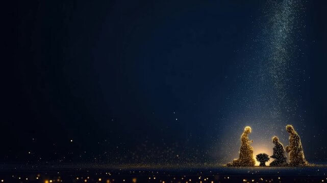 A serene nativity scene unfolds under a celestial starry sky, with the Holy Family illuminated by a divine glow, evoking peace and wonder. ..Created with Generative AI, not depicting real subjects.