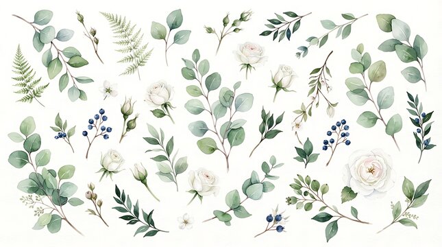 Watercolor botanical collection featuring eucalyptus branches, white rose blossoms, fern fronds, and dark blue berries on a white background