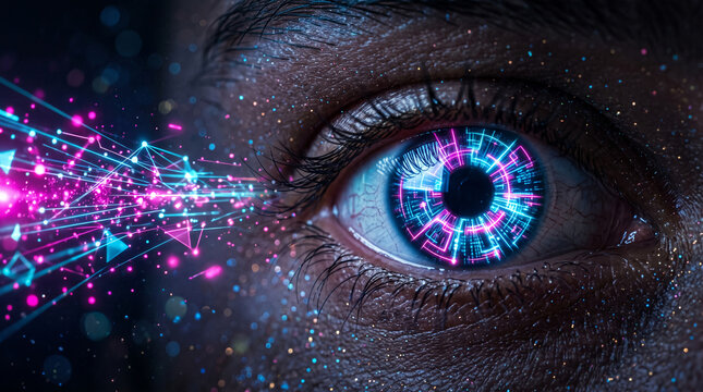 Close-up of human eye with digital light effect, symbolizing technology, data flow, and vision, representing innovation and future concepts